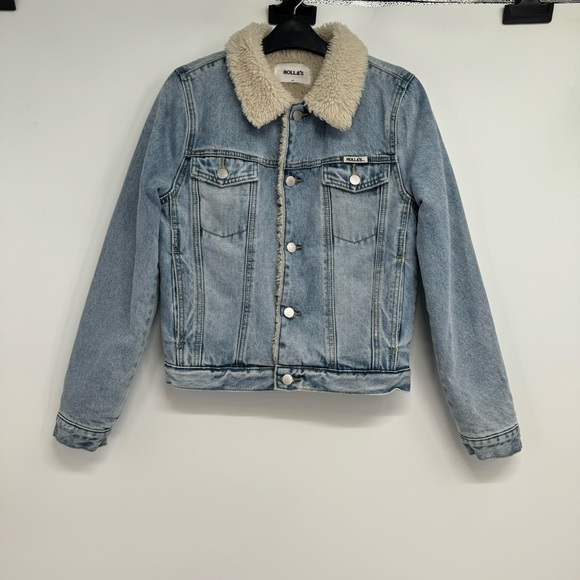 Rolla’s Sherpa Jean Jacket Women’s Size S Blue Denim Faux Fur Distressed - Picture 3 of 15